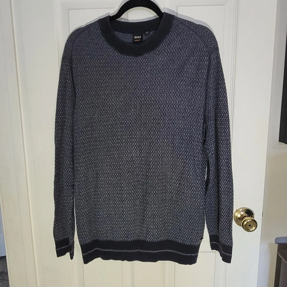 Hugo Boss Kanadrin Sweater Mens XXL Grey Blue Micro Pattern Crew Neck Wool Blend